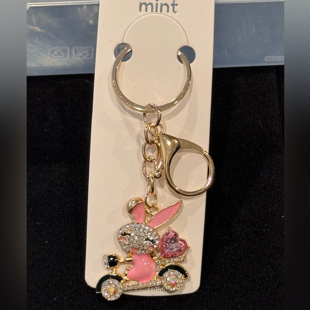 BAG CHARM Mint Pink Crystal Heart Pink Enamel Bunny on Scooter Keychain